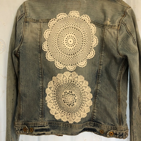 Ralph Lauren Boho jean Jacket with Hand Crochet Lace Doilies on back - Picture 1 of 5